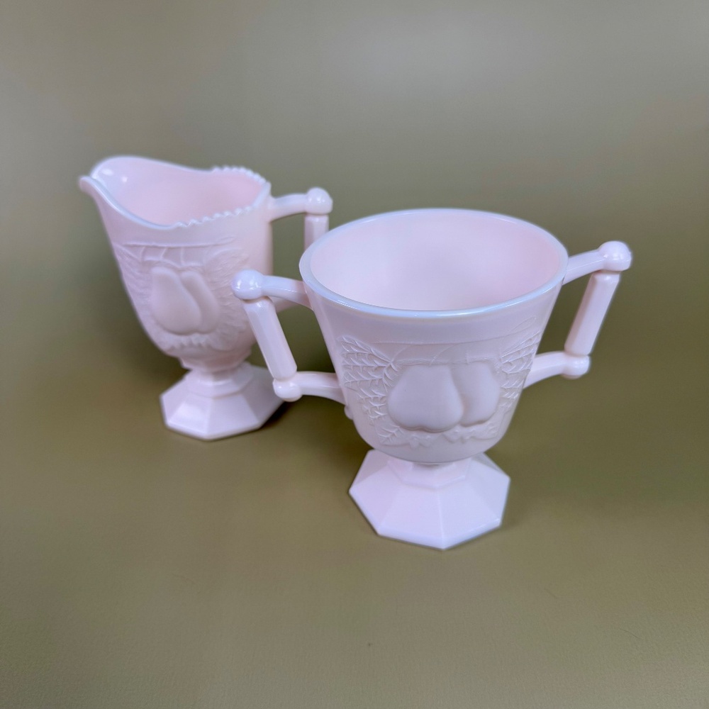 Jeannette Shell Pink Milk Glass Sugar & Creamer | BALT Pear Pattern - Picture 2 of 16